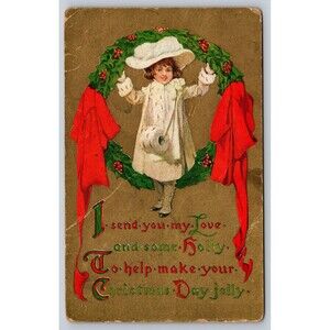 Postcard Christmas Day Jolly Wreath Girl Posted c1912 Ohio Gold Coloring Stamp